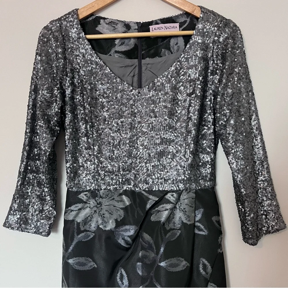 Lauren Nazima Silver Sequin Floral Brocade Cocktail Dress – Size 4 - Picture 3 of 10
